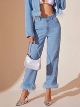 Load image into Gallery viewer, Plush Hem High Rise Straight Jeans