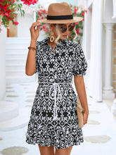 Load image into Gallery viewer, Printed Tie Waist Collared Flounce Sleeve Dress