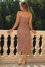 Load image into Gallery viewer, Golden Hour Glamour Spaghetti Strap Slit Midi Dress