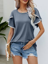 Load image into Gallery viewer, Pom-Pom Trim Flutter Sleeve Round Neck Tee