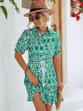 Load image into Gallery viewer, Printed Tie Waist Collared Flounce Sleeve Dress