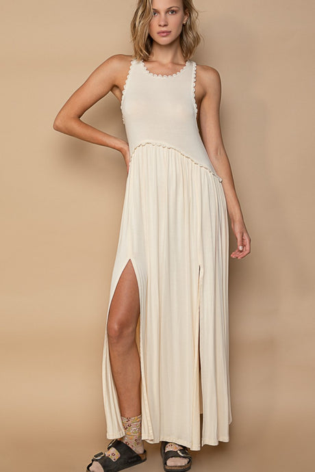 Seaside Sleeveless Back Zipper Front Slit Maxi Dress