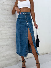 Load image into Gallery viewer, Olivia Slit Button Up Midi Denim Skirt