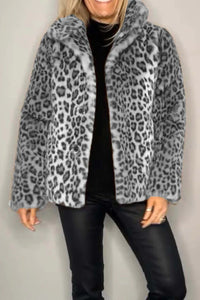 Leopard Furry Collared Neck Long Sleeve Coat