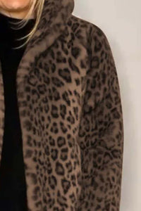 Leopard Furry Collared Neck Long Sleeve Coat