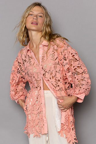 3D Mia Collared Neck Button Up Lace Shirt
