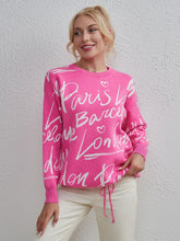 Load image into Gallery viewer, Drawstring Hem Letter Pattern Round Neck Dropped Shoulder Sweater