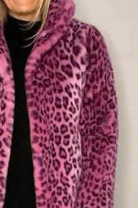 Leopard Furry Collared Neck Long Sleeve Coat