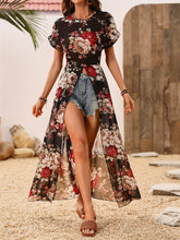 Load image into Gallery viewer, Slit Rose Printed Round Neck Short Sleeve Blouse