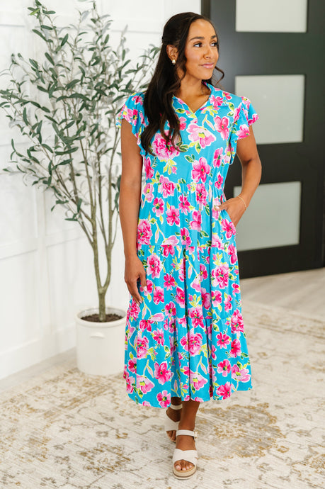 Tiered Flutter Sleeve Dress in Aqua