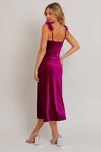 Load image into Gallery viewer, Velvet Feather Shoulder Trim Side Slit Midi Dress