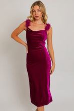 Load image into Gallery viewer, Velvet Feather Shoulder Trim Side Slit Midi Dress