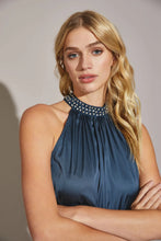 Load image into Gallery viewer, Satin Jeweled Halter Neckline Tiered Mini Romper Dress