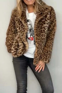 Leopard Furry Collared Neck Long Sleeve Coat