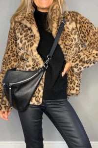 Leopard Furry Collared Neck Long Sleeve Coat