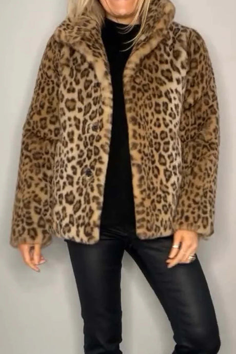 Leopard Furry Collared Neck Long Sleeve Coat