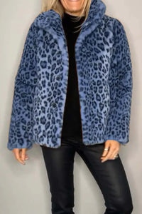 Leopard Furry Collared Neck Long Sleeve Coat