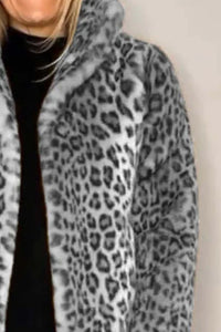 Leopard Furry Collared Neck Long Sleeve Coat