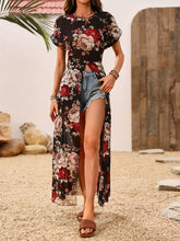 Load image into Gallery viewer, Slit Rose Printed Round Neck Short Sleeve Blouse