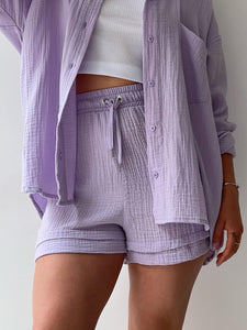 Marbella Texture Button Up Shirt and Drawstring Shorts Set