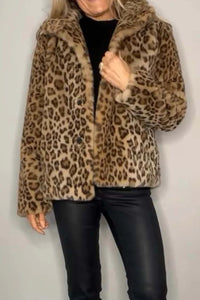 Leopard Furry Collared Neck Long Sleeve Coat