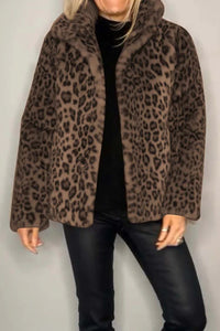 Leopard Furry Collared Neck Long Sleeve Coat