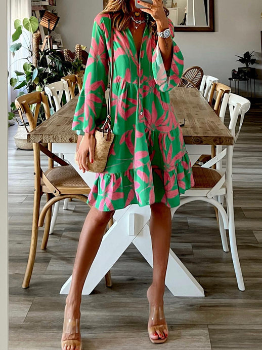 Palm Beach Printed Notched Long Sleeve Mini Dress
