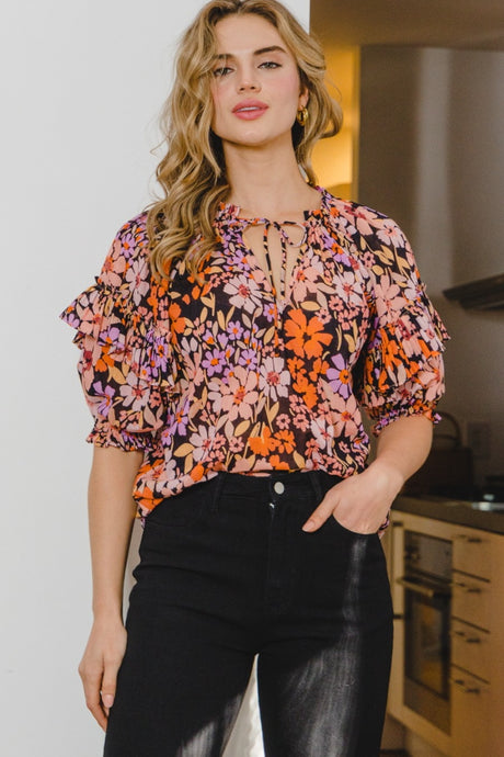 Madison Floral Tie Neck Ruffled Blouse