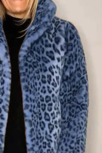 Leopard Furry Collared Neck Long Sleeve Coat