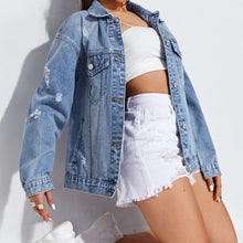 Load image into Gallery viewer, Collared Neck Button-Up Distressed Denim Jacket
