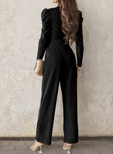 Load image into Gallery viewer, Belted Long Puff Sleeve V-Neck Jumpsuit