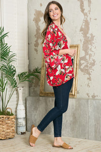 Floral Open Front Three-Quarter Sleeve Cardigan