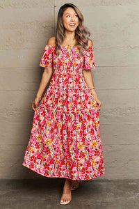 Debra Floral Off-Shoulder Frill Trim Maxi Dress