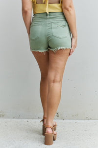 Katie High Waisted Distressed Shorts in Gum Leaf