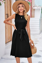 Load image into Gallery viewer, Round Neck Tie Belt Sleeveless Dress with Pockets