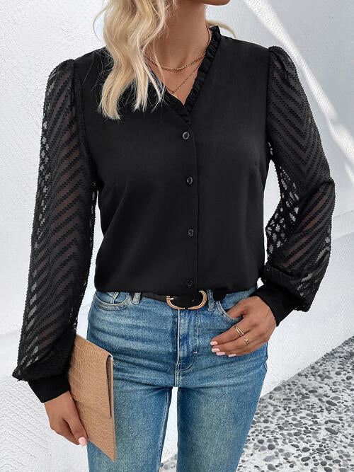 Jane Mesh V-Neck Button Front Blouse