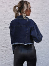 Load image into Gallery viewer, Cropped Collared Neck Raw Hem Denim Jacket