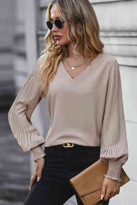 Kristina Pleated Lantern Sleeve V-Neck Blouse