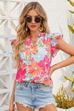 Load image into Gallery viewer, Floral Ruffled Notched Cap Sleeve Blouse