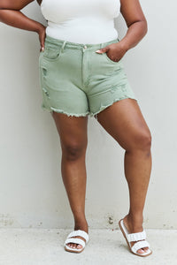 Katie High Waisted Distressed Shorts in Gum Leaf