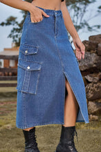 Load image into Gallery viewer, Slit Front Midi Denim Skirt with Pockets