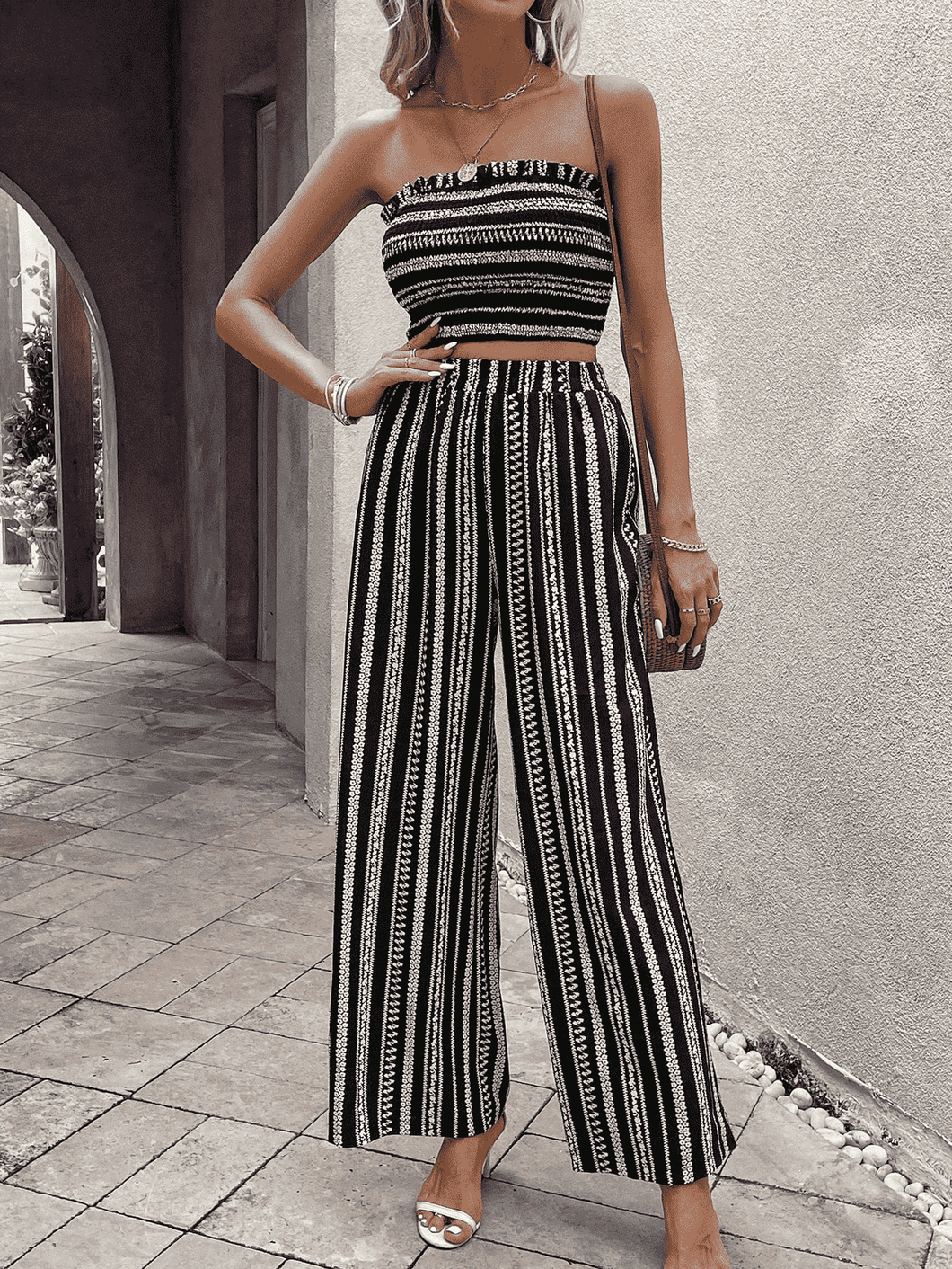 Let's go Raw Hem Straight Neck Cropped Top and Long Pants Set