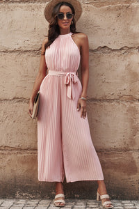 Accordion Pleated Belted Grecian Neck Sleeveless Jumpsuit
