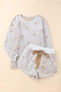 Star Bright Round Neck Dropped Shoulder Star Print Top and Shorts Lounge Set