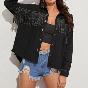 Western Vibes Fringe Detail Button-Down Collared Neck Denim Jacket