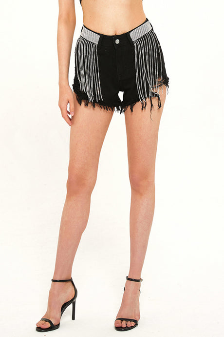 Distressed Rhinestone Fringe Denim Shorts