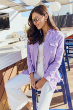 Load image into Gallery viewer, Distressed Button Down Denim Jacket in Lavender
