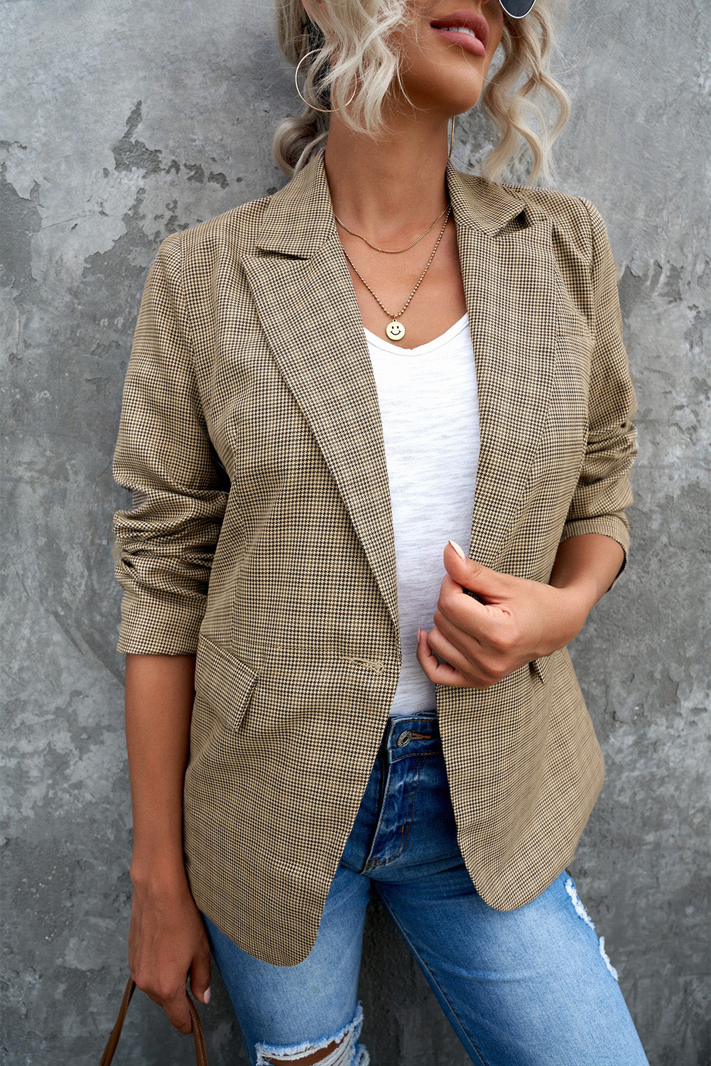 Veronica Plaid Lapel Collar Button Cuff Blazer