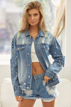 Load image into Gallery viewer, Pearl Detail Distressed Button Up Denim Jacket