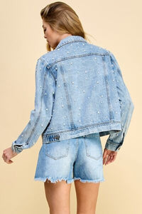 Button Up Pearl Detail Long Sleeve Denim Jacket